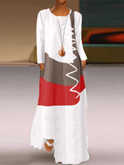 Print & Patchwork Long Sleeve Plus Size Maxi Dress with Pockets