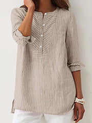 Women's Striped Half Button High-Low Hem Cotton Long Sleeves Blouse