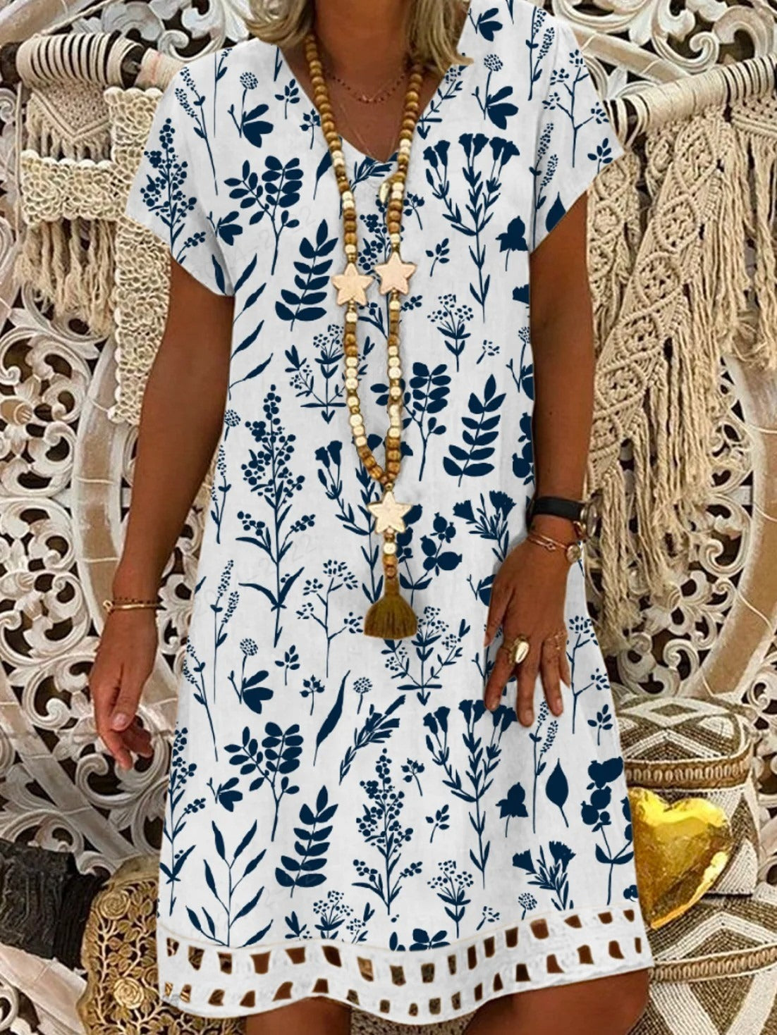 Floral V Neck Linen Style Loose Mini Dress