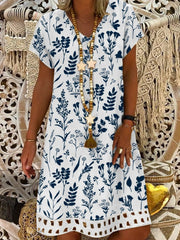 Floral V Neck Linen Style Loose Mini Dress