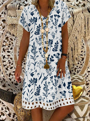 Floral V Neck Linen Style Loose Mini Dress