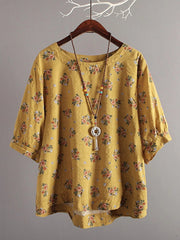 Floral Print Balloon Sleeve Crew Neck Casual Cozy Blouse