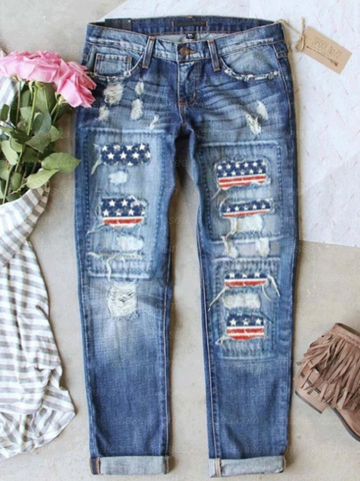 America Flag Pockets Regular Fit Independence Day Straight Jeans