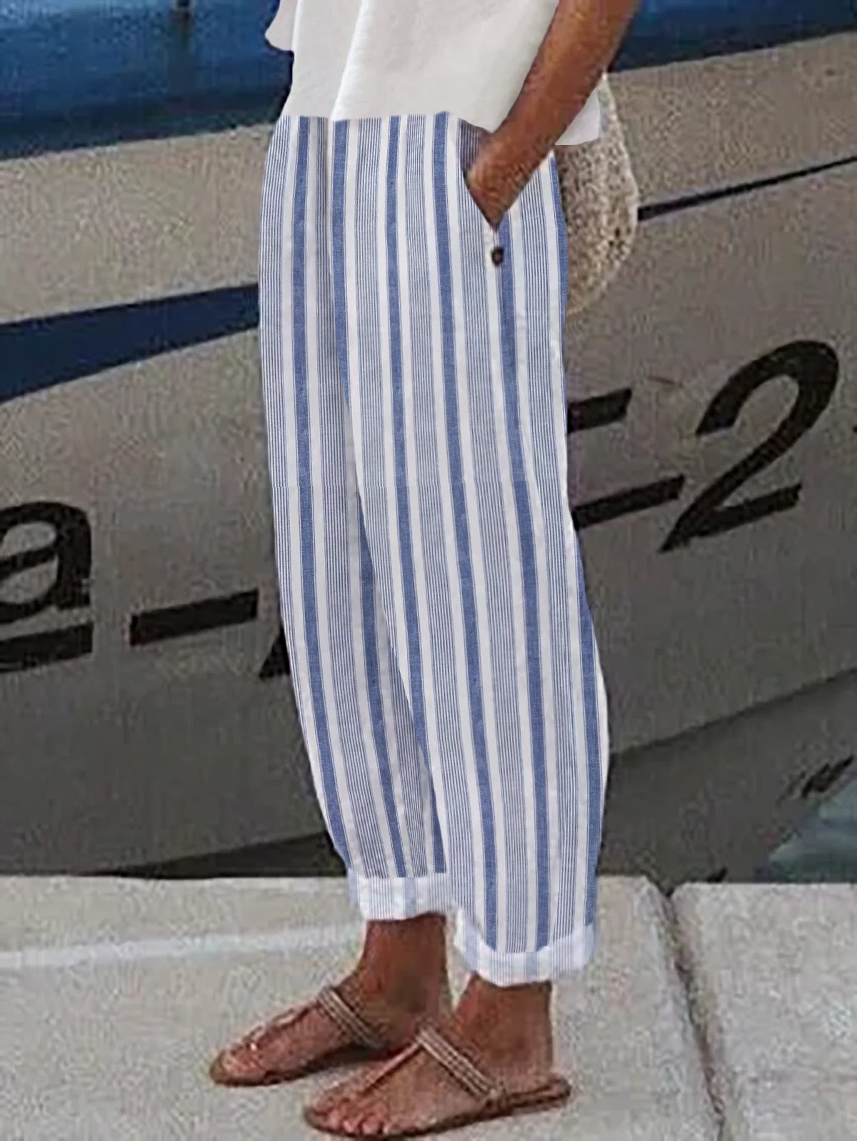 Casual Basic Striped Straight Pockets Pants