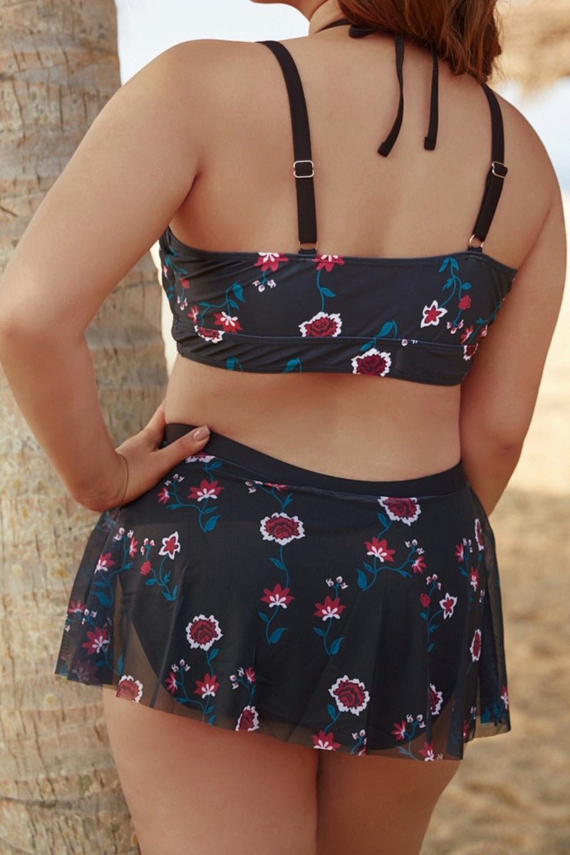 Floral Print Halter Neck with Skirt Bikini Set