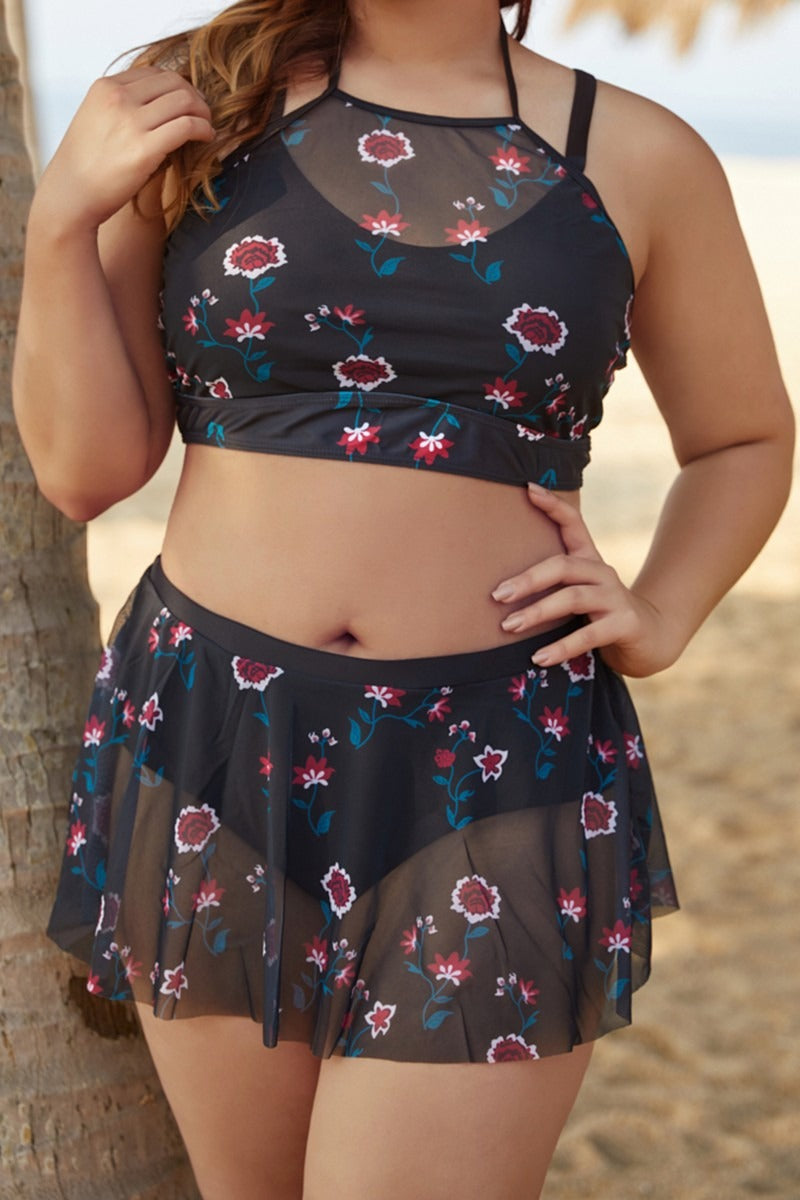 Floral Print Halter Neck with Skirt Bikini Set