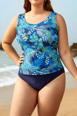 Leaf Print Wide Straps Scoop Neck Tankini Set