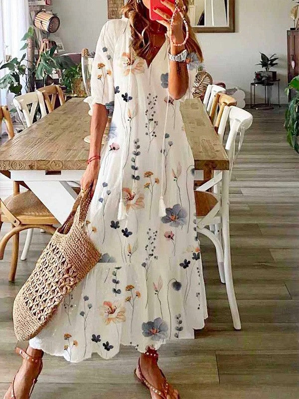 Floral Print V-neck Casual Loose Half Sleeves Midi Dress