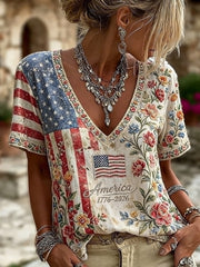 Vintage American Flag And Floral Embroidery Art Casual Washed V-neck Short Sleeve Top