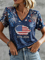 Women's American Flag And Fireworks Print Sequined T-shirt