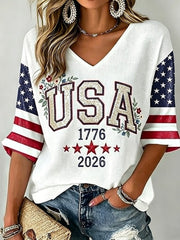 Women's Independence Day Art Three-quarter Sleeve V Neck Linen Tops