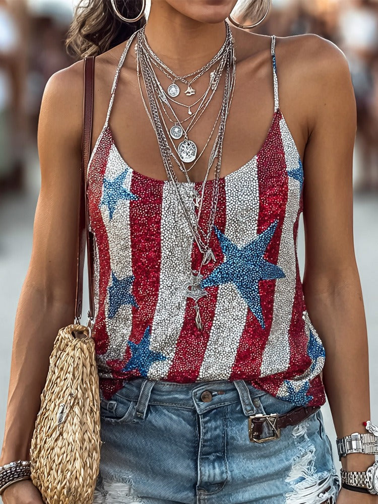 Rhinestone American Flag Star Stripe Halter Cami Top