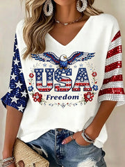 Women's Vintage Flag Art Three-quarter Sleeve V Neck Linen Tops