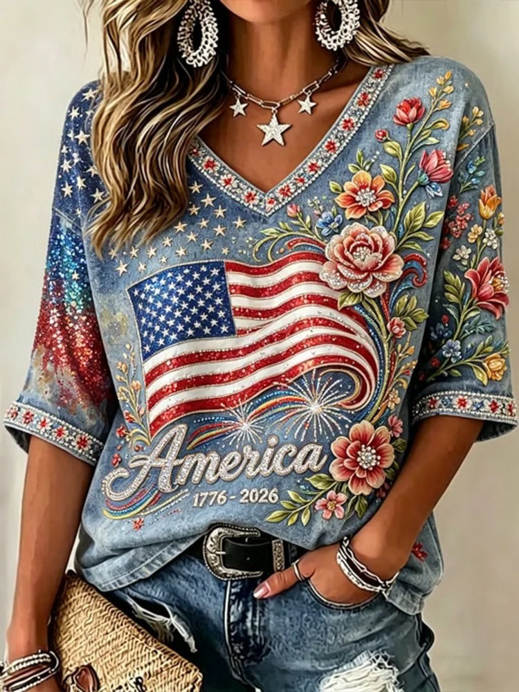 Women's Vintage American Anniversary Flag And Floral Casual V-neck Cotton Linen Short Sleeve Top