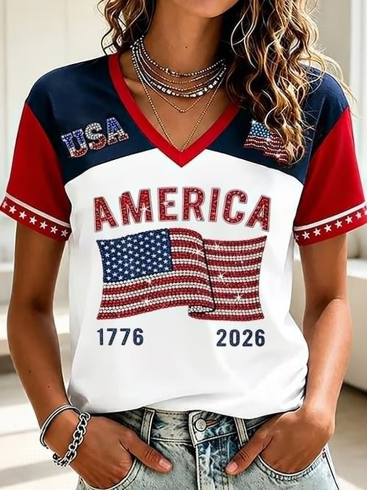 Women's Independence Day Flag Art V-neck Short Sleeve T-shirt
