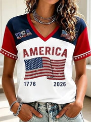Women's Independence Day Flag Art V-neck Short Sleeve T-shirt