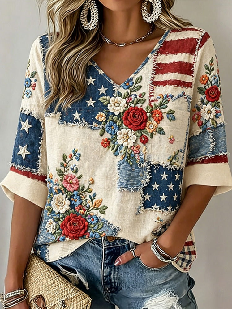 Vintage Independence Day Flag Flower Art Print V-neck T-shirt