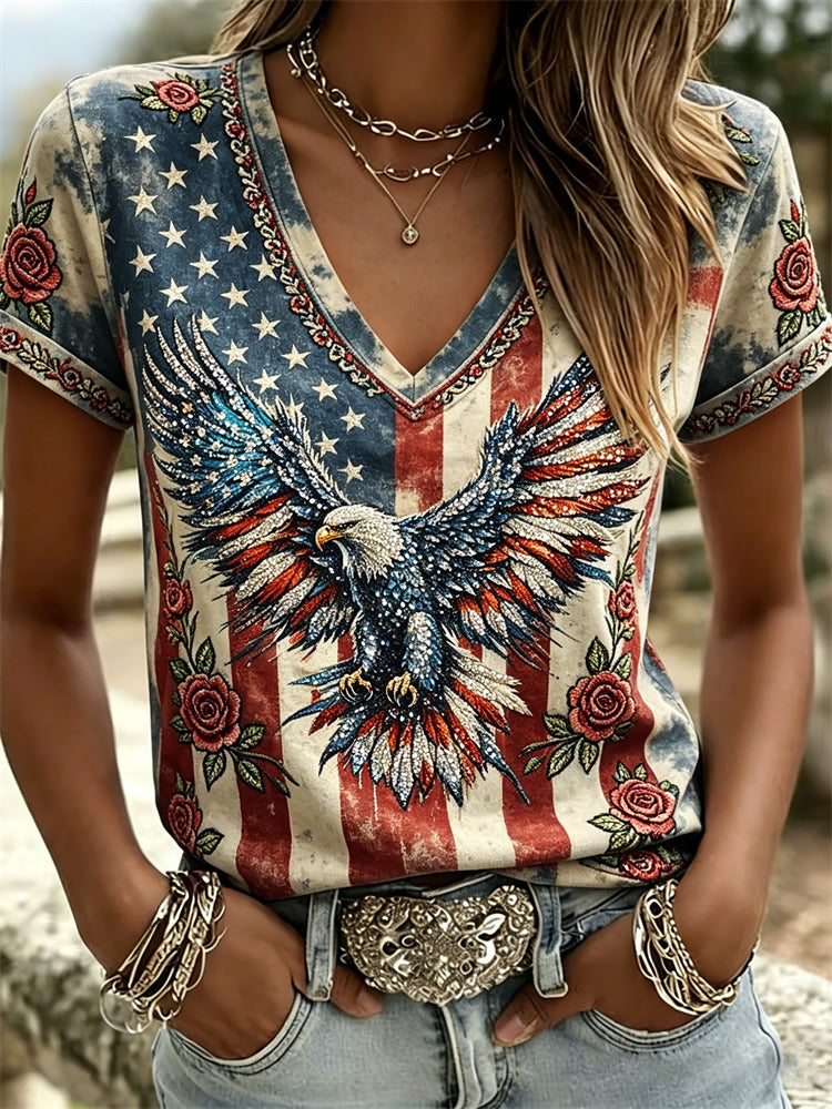 American Eagle & Roses Flag Inspired Washed T Shirt