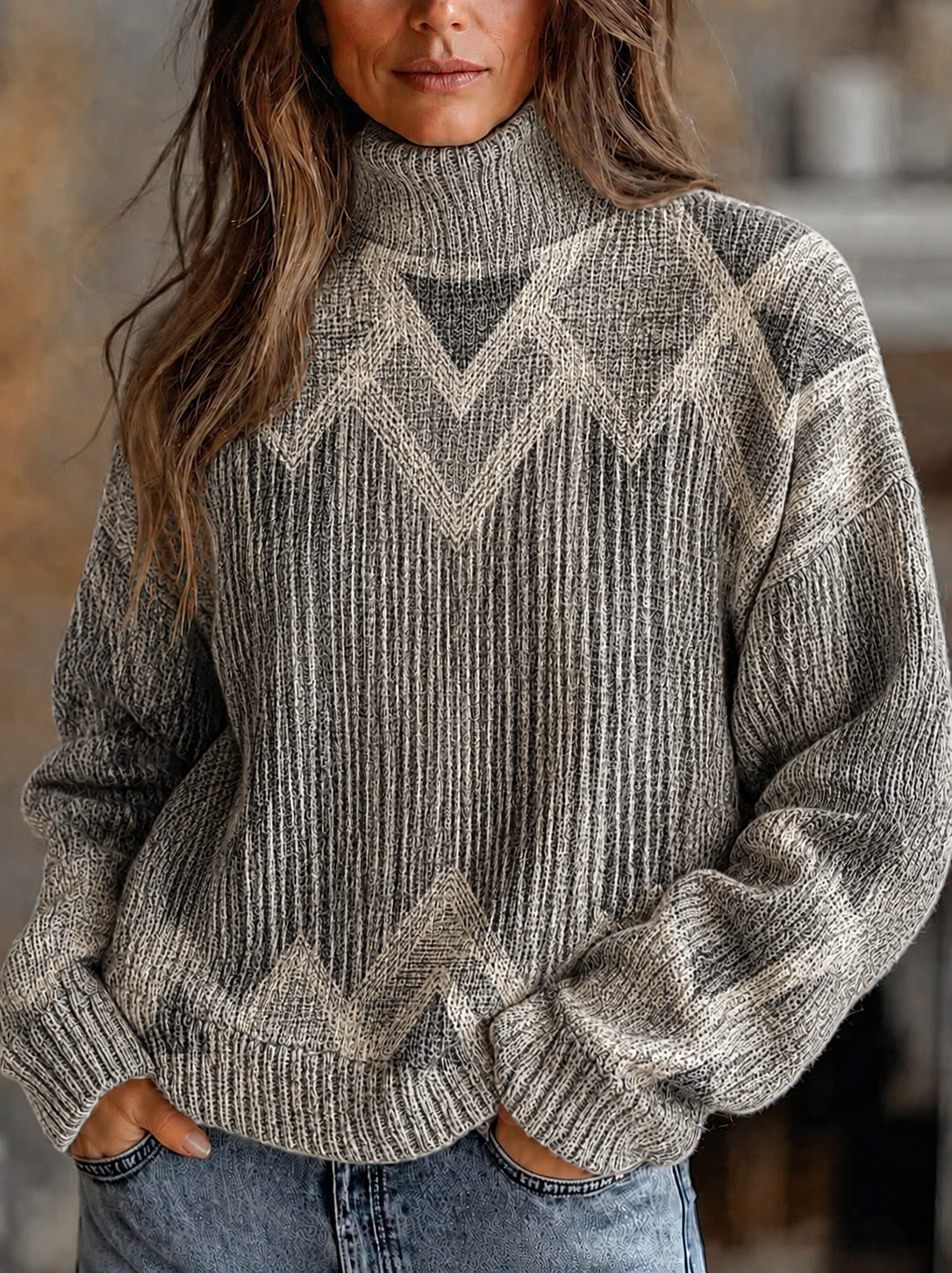 Women's Casual Crew Neck Abstract Turtleneck Pullover Sweater
