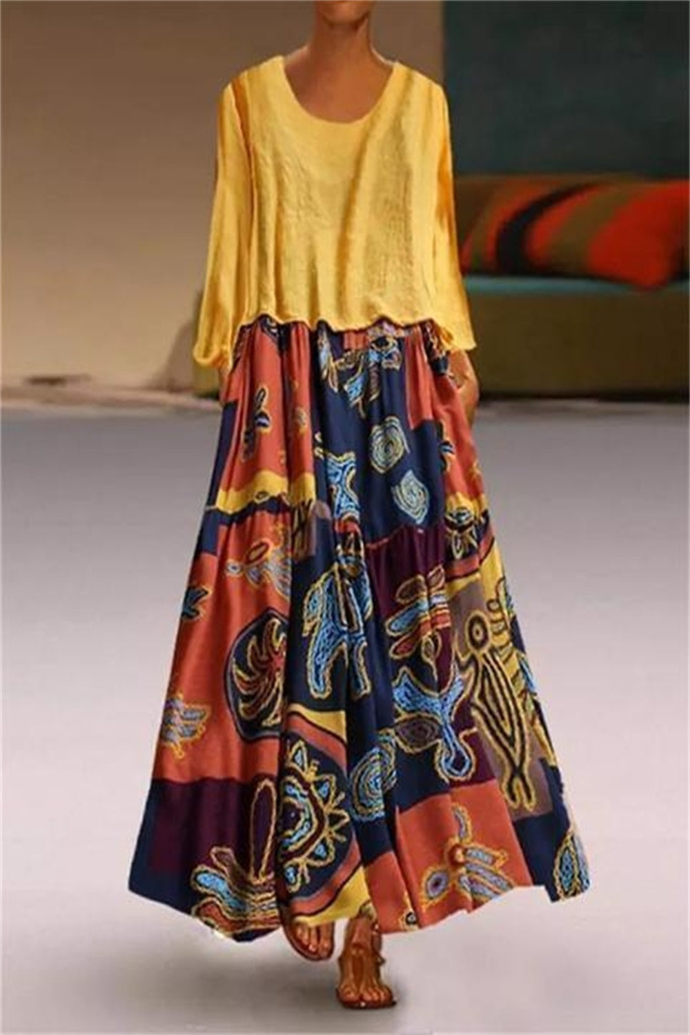 Character Print Round Neck Long Sleeves Maxi Two Piece Dress