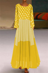 Polka Dot Patchwork Round Neck Long Sleeves Maxi Dress