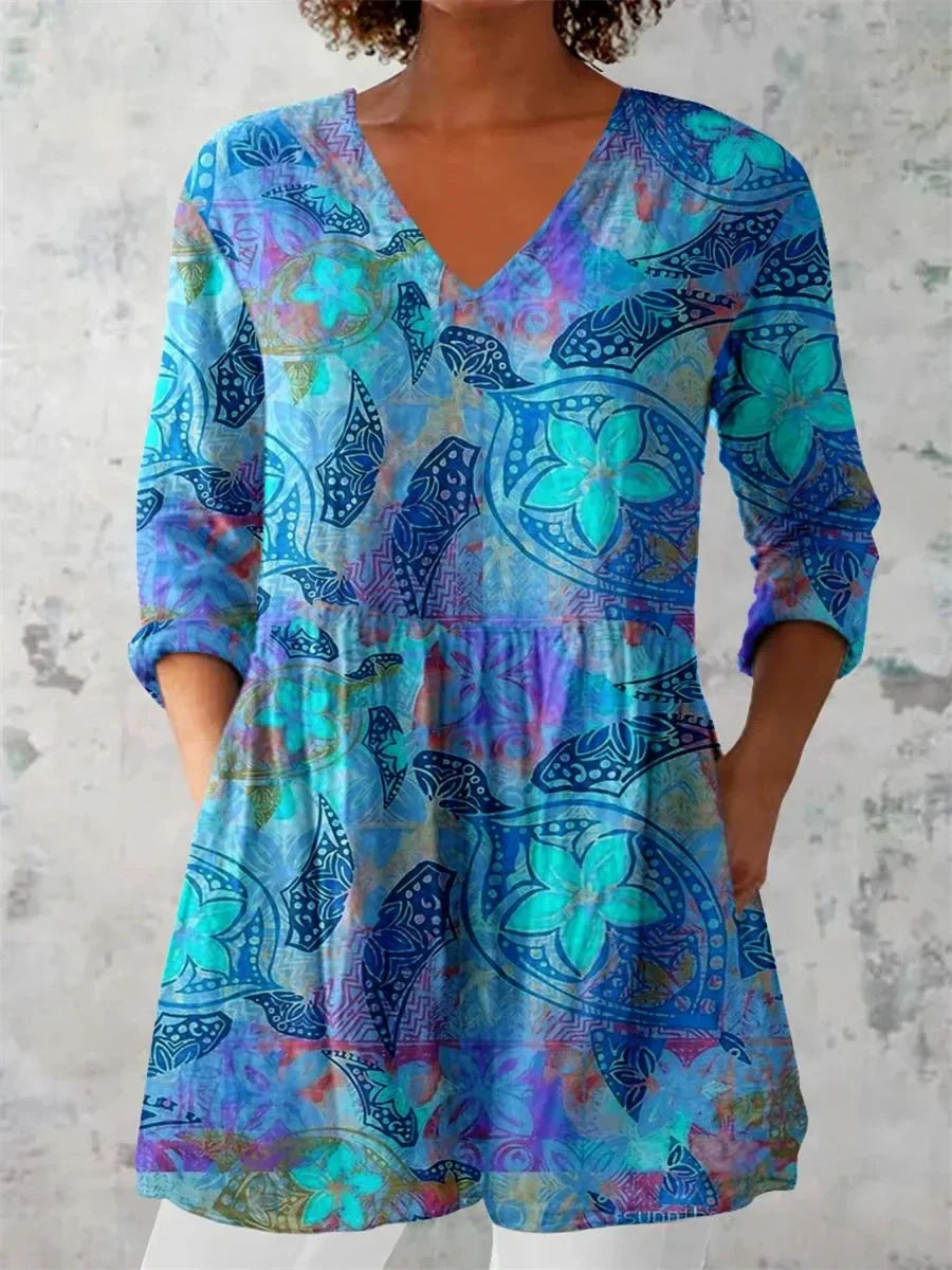 Women's Elegant Floral Pattern V-neck 3/4 Sleeve Top