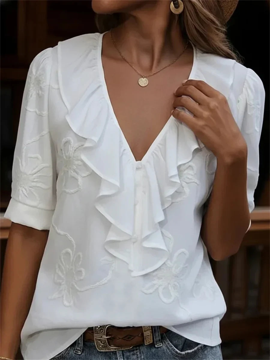 Stylish Floral Print Ruffled V-neck Short Sleeve Loose Casual Shirt
