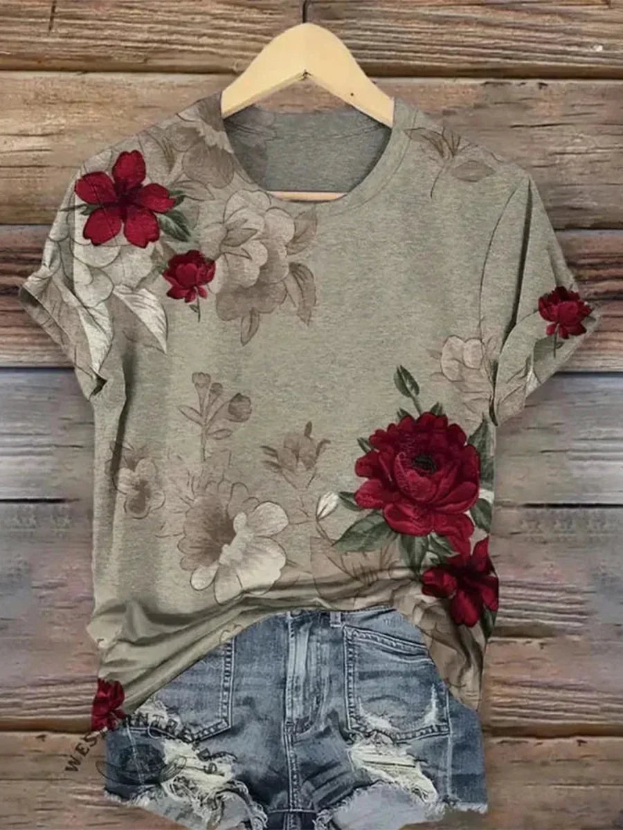 Vintage Floral Print Short Sleeve T-Shirt