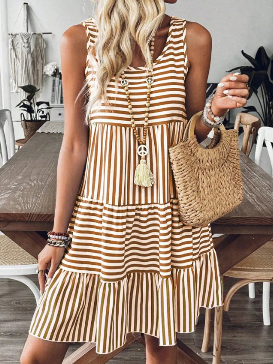 Striped Printed Sleeveless Tank A-Line Dress