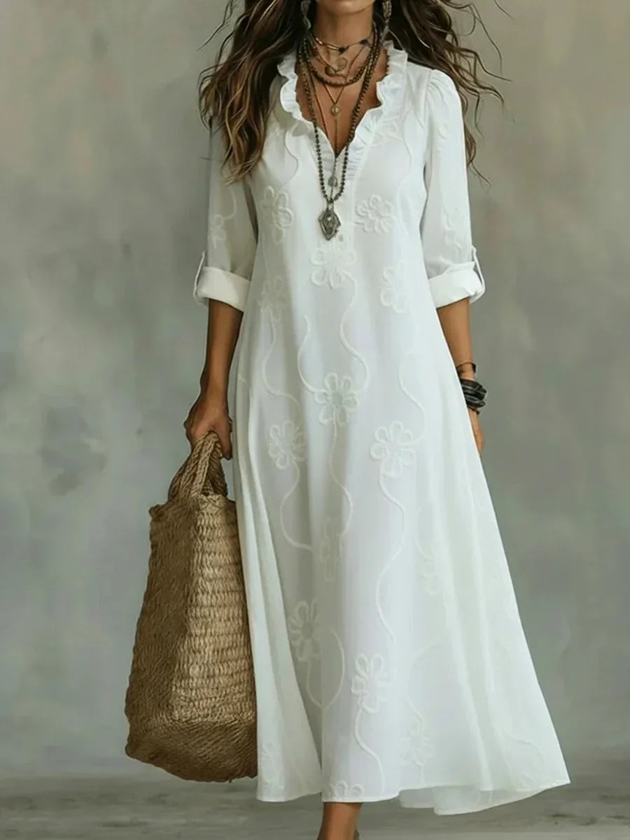 Retro Floral Ruffled Collar NeckLong Sleeve A-line Dress
