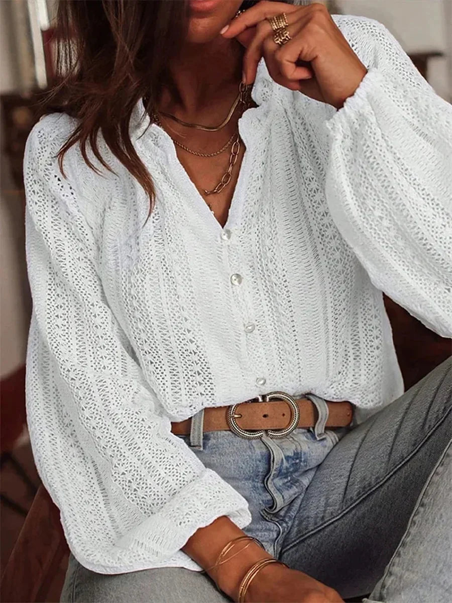 Women's Hollow-out Lace V-neck Long-sleeved Shirt