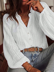 Women's Hollow-out Lace V-neck Long-sleeved Shirt