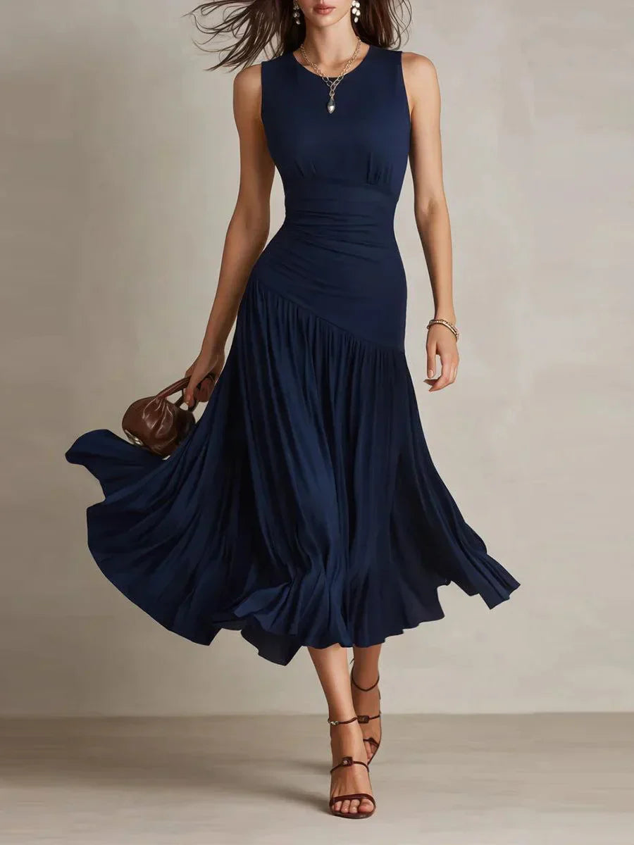 Navy Round Neck Sleeveless Plain Midi Dress