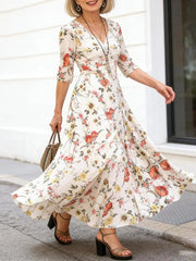 Floral V-Neck 3/4 Sleeve Maxi Dress