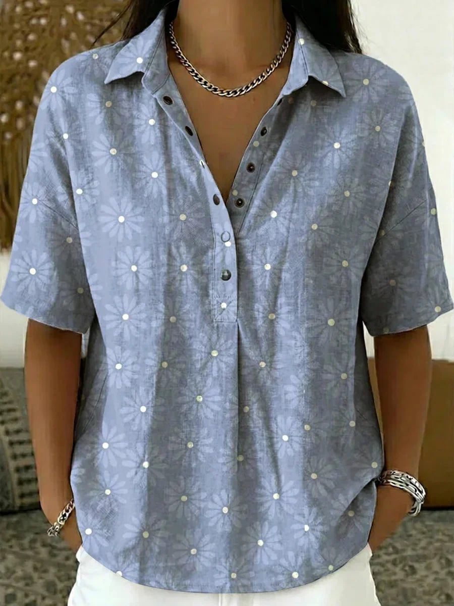 Women's Floral Print Polo Collar Short-sleeve Shirt
