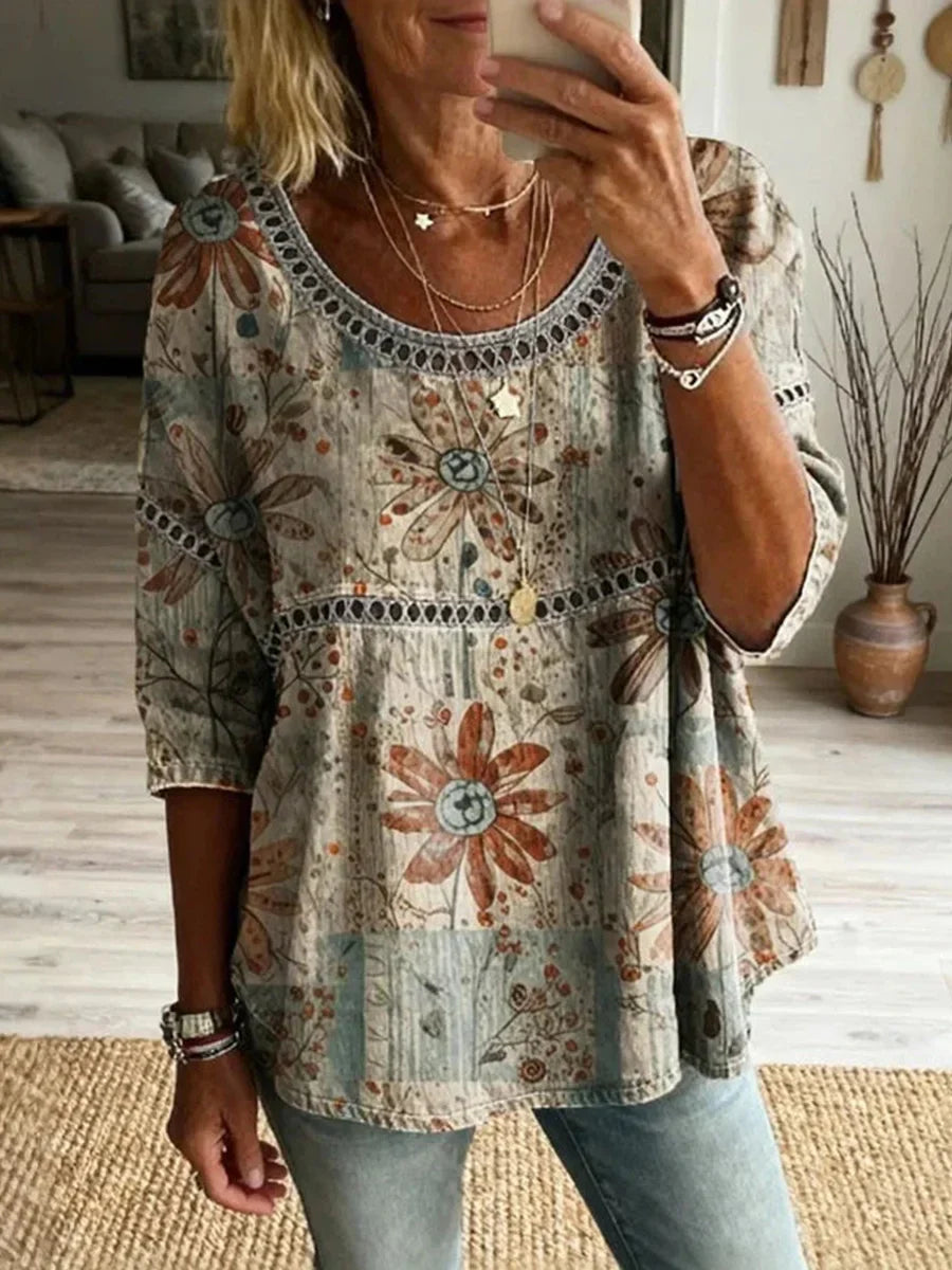 Vintage Floral Round Neck 3/4 Sleeve Blouse