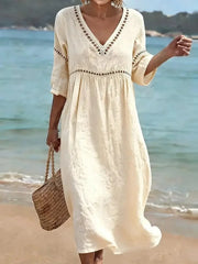 Women's Solid Color Retro Casual Stylish Vacation V-neck Short Sleeve Dress