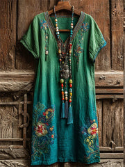 Women's Floral Art Flowy V-neck Short Sleeve Maxi Dress