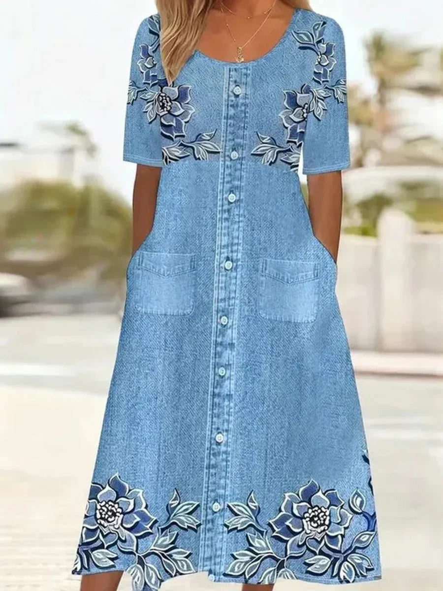 Vintage Floral Print Round Neck Short Sleeve Dress