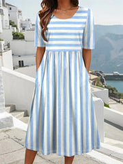 Blue Striped Round Neck Short Sleeve Dress