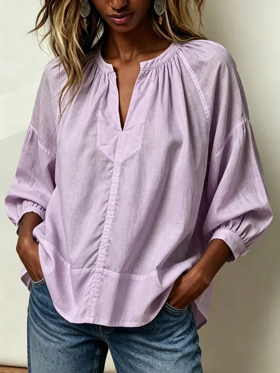 Women's V-neck 3/4 Sleeve Solid Shirt