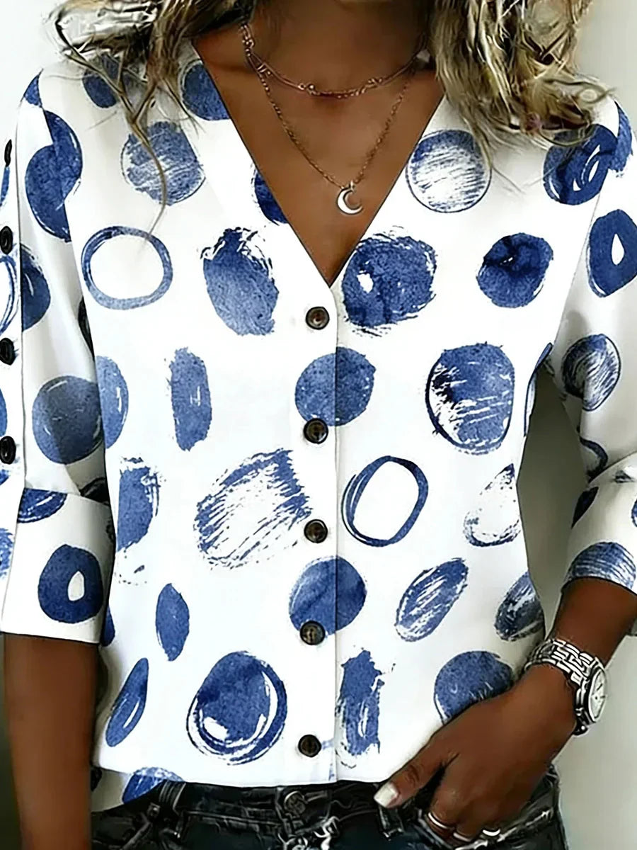 Chic Abstract Dot V-neck 3/4 Sleeve Blouse