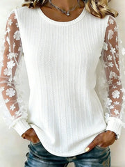 White Round Neck Floral Mesh Long Sleeve Top