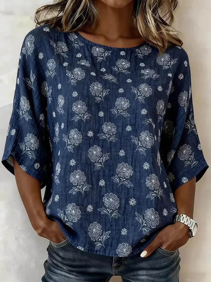 Crew Neck 3/4 Sleeve Floral Print Blouse