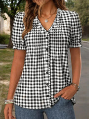 Black Plaid V-neck Short Sleeve Blouse