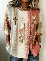 Vintage Floral Print Round Neck Half Sleeve Blouse