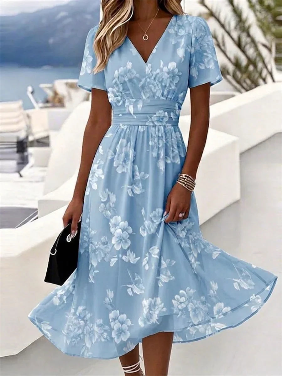 Women Floral Print V Neck Short Sleeve Beach Dress A-Line Dress