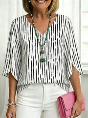 White Black Abstract Stripe 3/4 Split-Sleeve V-Neck Blouse