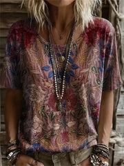 Vintage Floral Print Round Neck Short Sleeve T-Shirt
