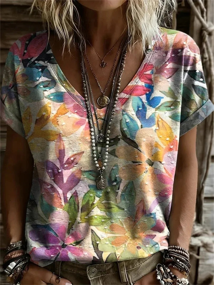 Colourful Leaf Print V-neck Short Sleeve T-Shirt